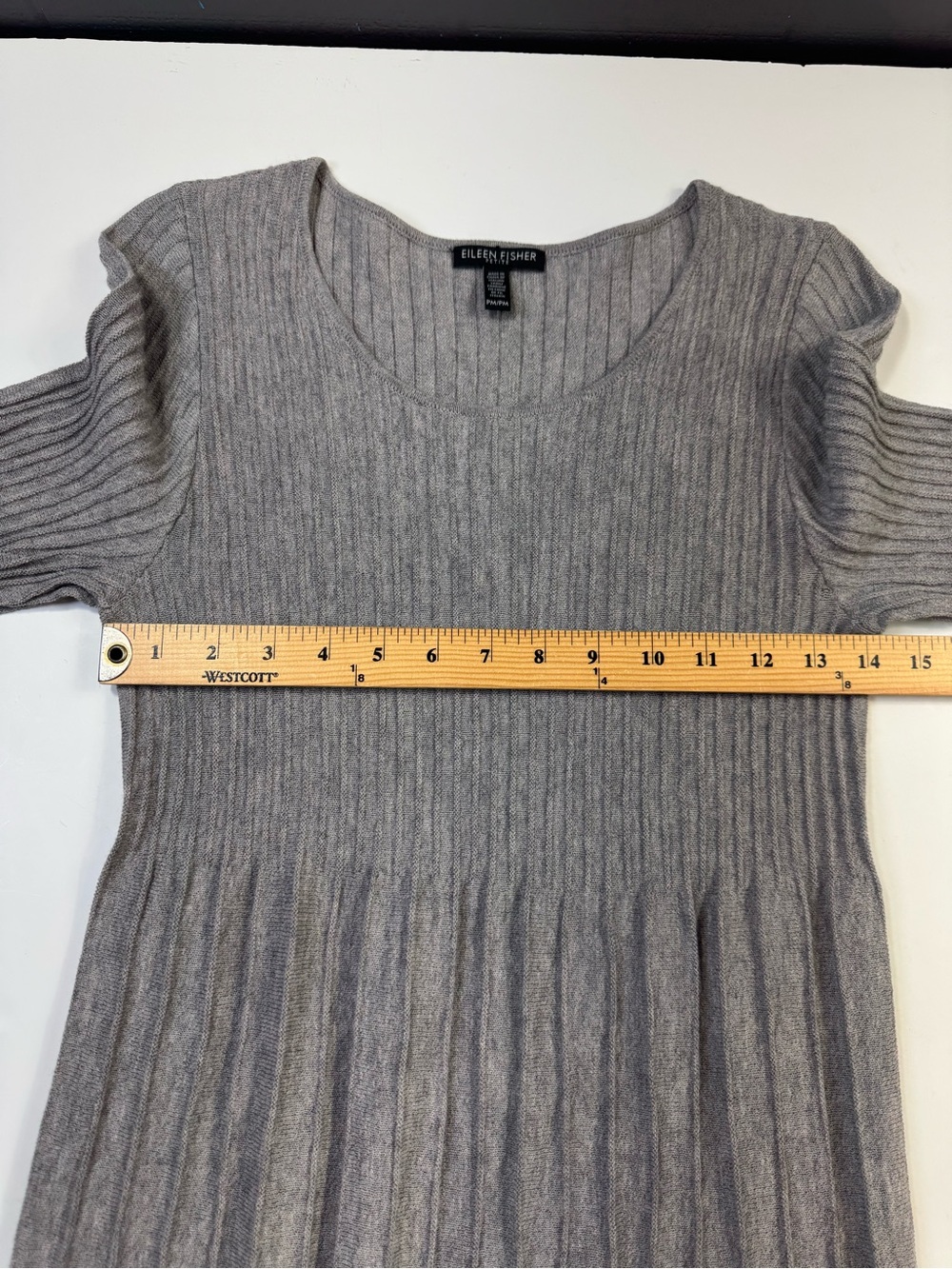 Eileen Fisher Petite M 100% Wool Ribbed Pleated A-Line Dress Gray - Picture 9 of 11
